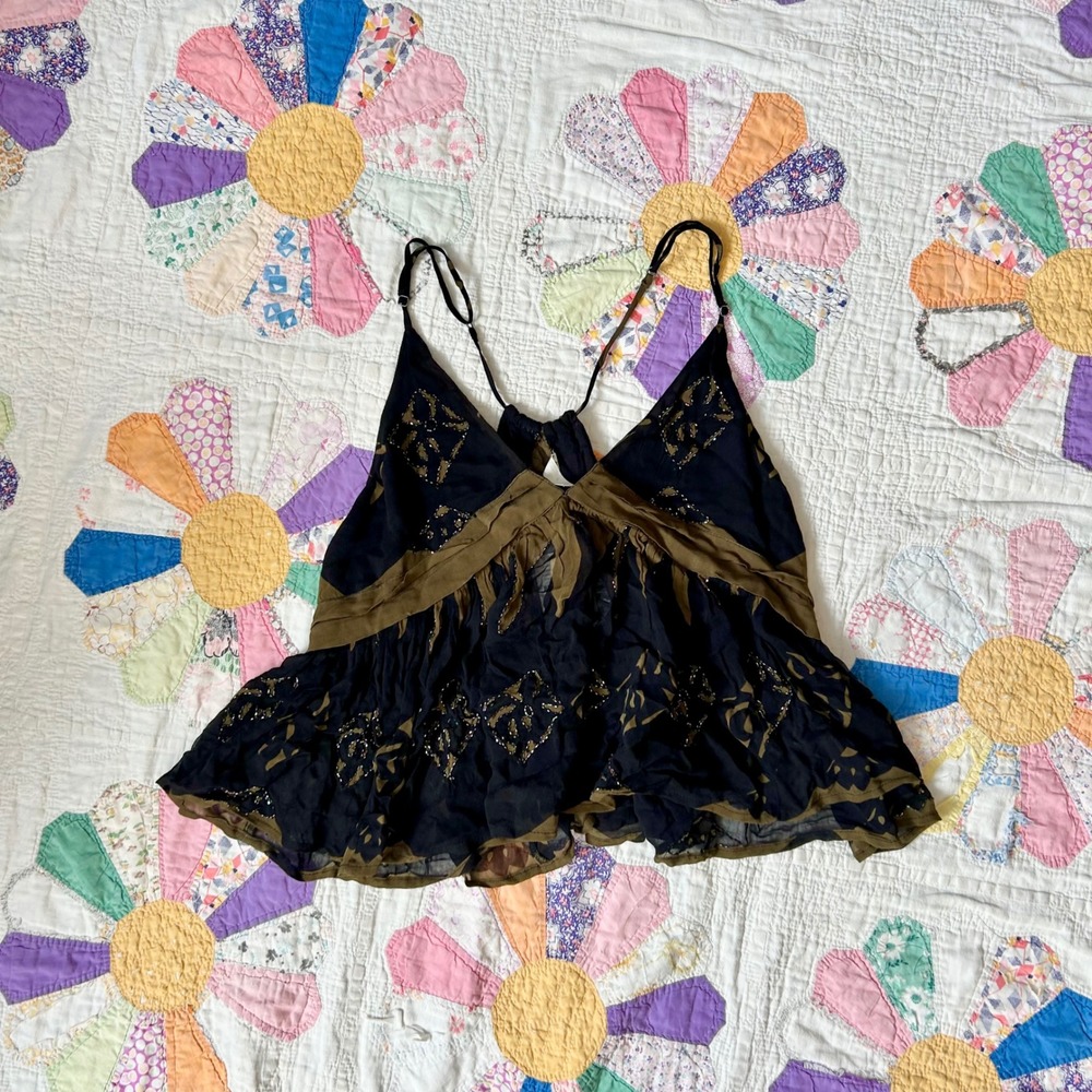 Free People Intimately Beaded Top Black Olive Green OB842184 Small NWT deadstock
